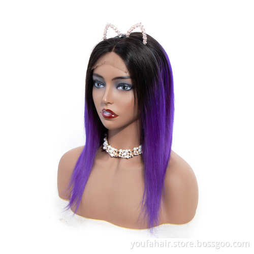 Top 12A Brazilian Virgin 100% Human Hair 4x4 HD Lace Closure Wigs Raw Hair Ombre Color 1b/purple Transparent Lace Frontal Wig